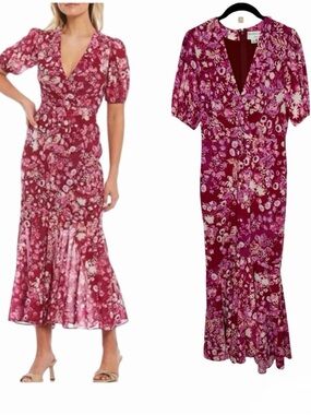 Sachin & Babi x Dillards Erin Floral Midi Dress Size 4 Pink Purple Wedding Guest